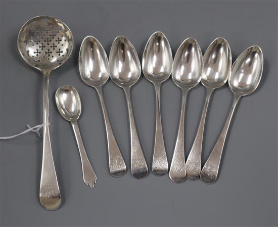 A set of six George IV silver Old English pattern teaspoons, William Bateman, London, 1825, A Georgian silver sifter spoon, etc.